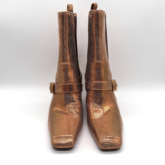 SAM EDELMAN Suzette Buckled Western Booties Womens 8 Gold Bronze Lizard Embossed - Picture 3 of 10